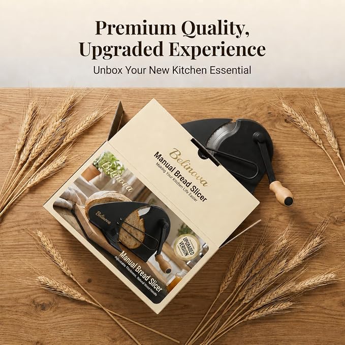 Sourdough Bread Slicer for Homemade Bread, Adjustable Thickness, Hand Crank | Adjustable thickness up to 0.9 in, 430 stainless steel blade, anti-jam guide, solid wood base, suction feet, and hand crank.