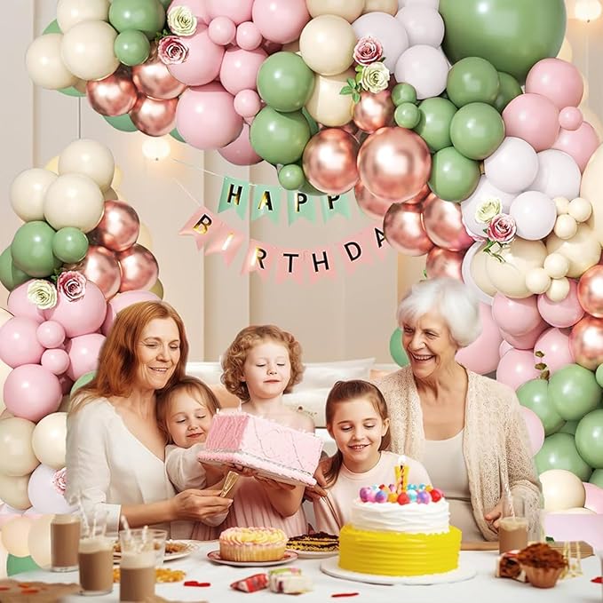 Sage Green Pink Balloon Arch Kit - 144 pcs Olive Green Pink Sand White Balloons with Rose Gold Metallic Latex Balloons for Girl Birthday Wedding Bride Shower Party Decorations