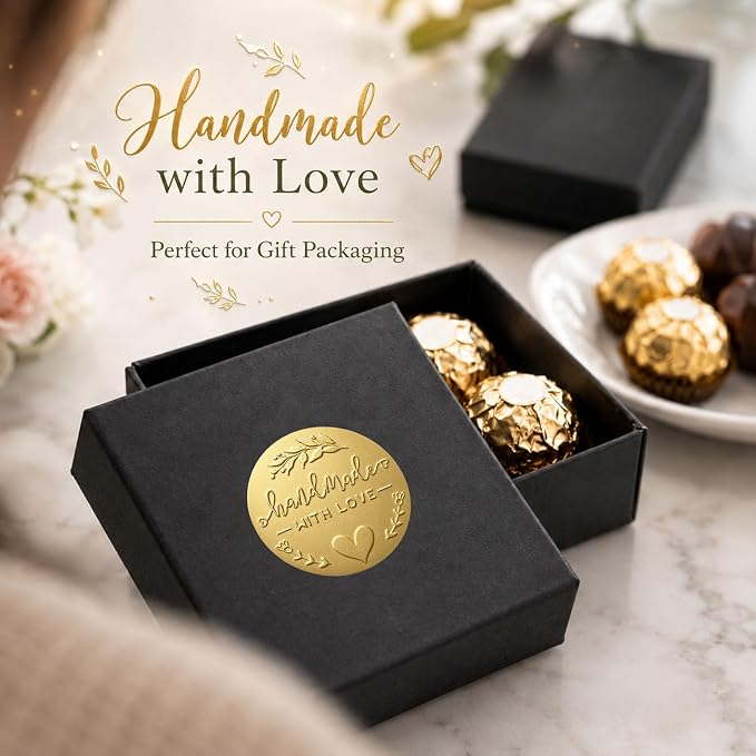 100PCS Handmade with Love Stickers, Matt Gold Foil Labels for Small Business Packaging, Bakery Cookies, Gift Wrapping, Candy Table, Wedding Baby Shower Party Favor Stickers.1.6 inch (Full Gold)