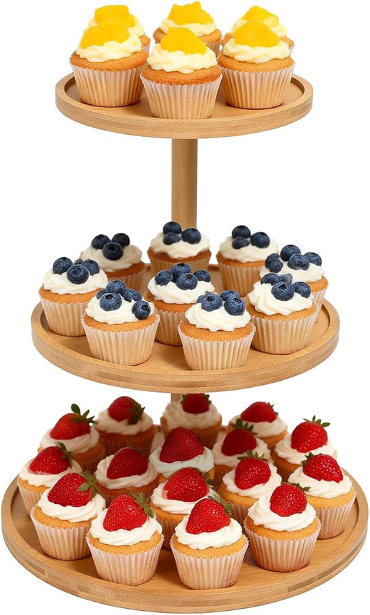 Cupcake Stand, Wood Cake Stand, Cupcake Display Stand, Wedding Cake Stands, Rotatable Bamboo Cupcake Stands for Party, 3 Tier Cupcake Stand, Cup Cake Tower Stand for Birthday Party Decoration