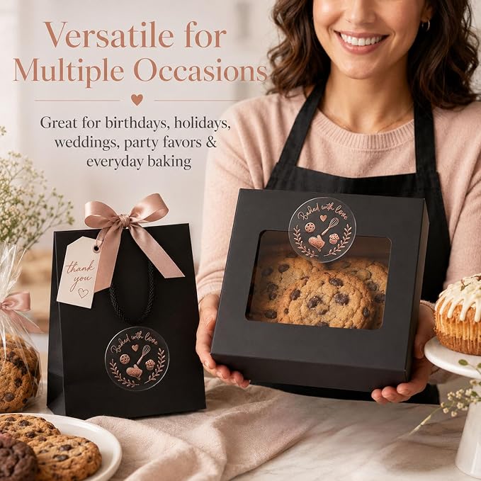 100 Baked with Love Stickers, Bakery Stickers, Baking Stickers & Cookie Stickers for Homemade Treats, Sourdough Bread, Pastry Packaging, Clear Rose Gold Foil Labels for Small Business, 1.6''