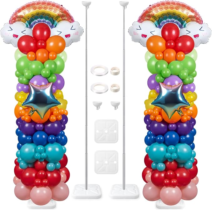 Skylety 2 Sets Rainbow Balloon Column Stand Kit Adjustable Colorful Balloon Stand with Bases for Birthday Wedding Anniversary Graduation Party Baby Shower Decorations Supplies