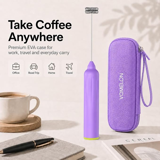 Milk Frother Handheld with 3 Stainless Steel Whisks, Rechargeable Electric Drink Mixer with Stand & Travel Case, Milk Foamer for Coffee, Latte, Cappuccino, Hot Chocolate, Egg,Jam Supplement-Purple