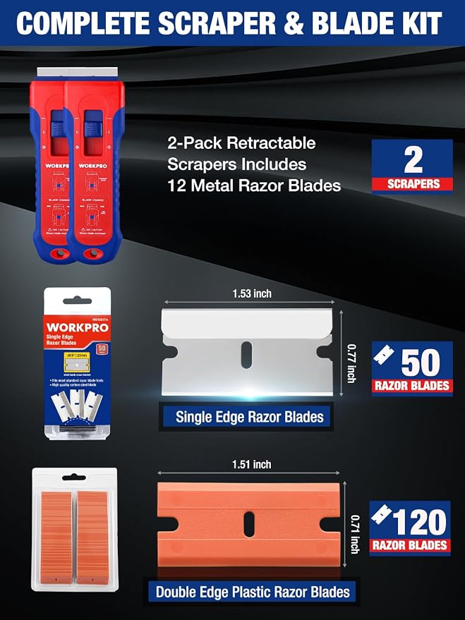 WORKPRO 2-Pack Retractable Razor Scraper Set with Built-in Blade Storage, 182 Blades, 62 Metal Razor Blades & 120 Plastic Blades for Paint Removal, Stickers, Adhesive, Glass, Ceramic and Wood