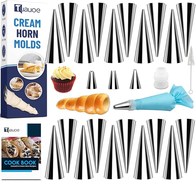 Cream Horn Molds for Baking, 27pcs Horn Forms Set, Non-stick Stainless Steel 20pcs Cone Shaped with Cleaning Brush, Piping Tip, Piping Bag, for ice Cream Cones, Puff Pastry, Baking Cones