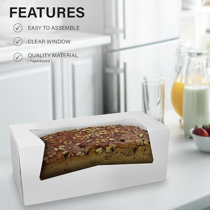 MT Products 9" x 4" x 3.5" White Auto-Popup Bakery Boxes with Window - 25 Pack - Long Pastry Container for Cupcakes, Strawberries, Donuts & Swiss Rolls - Made in the USA