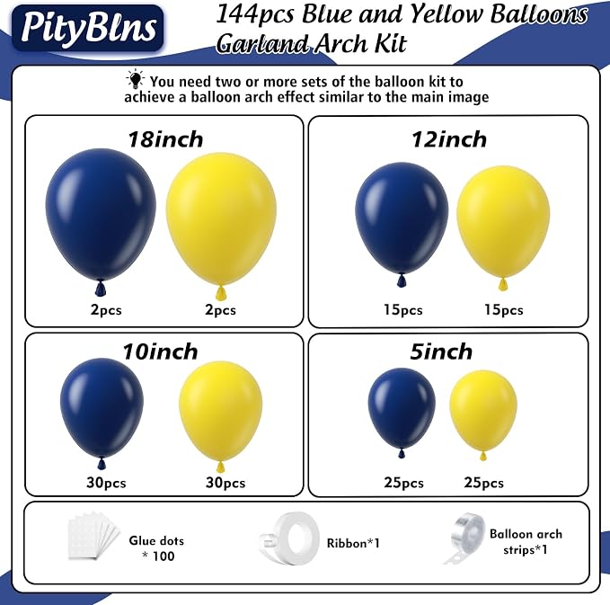 144Pcs Blue and Yellow Balloons Garland Arch Kit - 18 12 10 5 inch Navy Blue and Yellow Latex Party Balloons for Birthday Anniversary Baby Shower New Year 2026 Graduation Party Decorations