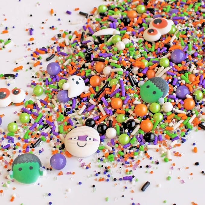 Sprinkle Pop Monster Mashup Sprinkle Mix| Orange Black White Lime Purple Sprinkles| Halloween Sprinkles with ~12 monster, ghosts, creepy eyeballs Made in USA for Decorating Cakes Cookies Cupcakes, 4oz
