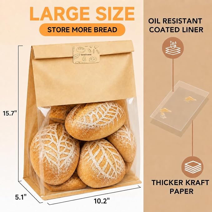 Extra Large Bread Bags for Homemade, 200 Count, 50% Thicker Sourdough Paper With Ties, 15.7*10.2*5.1 in, Tin Tie Tab Lock Bakery Bags With Window and Sealing Stickers for Storage Packaging Gifting
