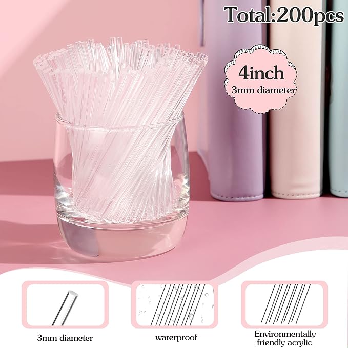Zopeal 200 Pcs Acrylic Lollipop Sticks Clear Cake Pops Rods Cake Topper Candy Cupcake Treat Stick for Wedding Chocolate Cookie Dessert Handmade DIY Crafts Party Decor Gardening(4 x 0.12 Inches,Clear)