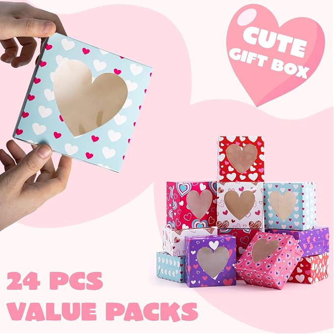 JOYIN 24 Pcs Valentine’s Day Bakery Treat Boxes,Valentines Cupcake Boxes,Cookie Cardboard Boxes with with Heart PVC Window for Holiday Pastries,Wedding Doughnut
