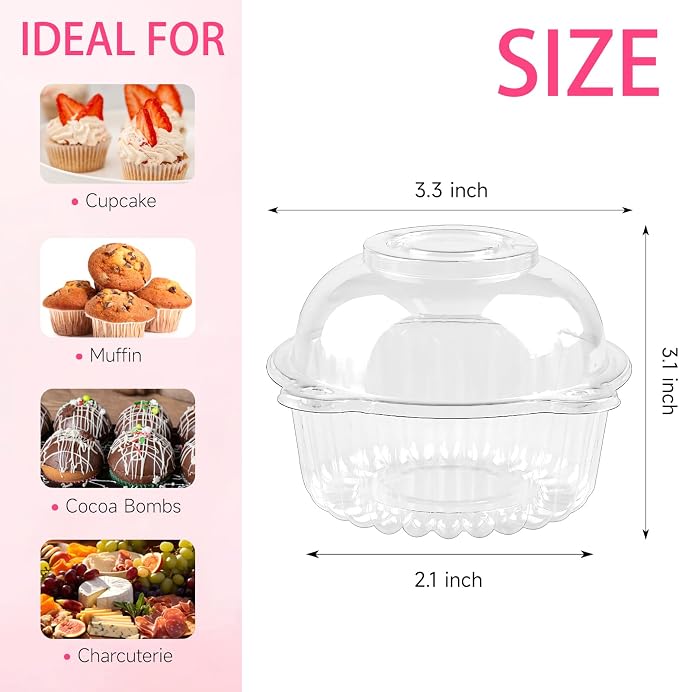 Zezzxu 50 Pack Individual Cupcake Containers, Clear Plastic Cupcake Holders with Dome Lids, Single Cupcake Carriers for Cupcakes, Hot Cocoa Bombs, Muffins, Pastries