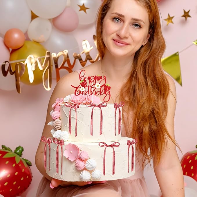 Hooqict 7Pcs Strawberry Cake Decorations Set with Happy Birthday Cake Toppers and Bows for Girls Sweet Strawberry Baby Shower Berry 1st Birthday Party Decorations Supplies