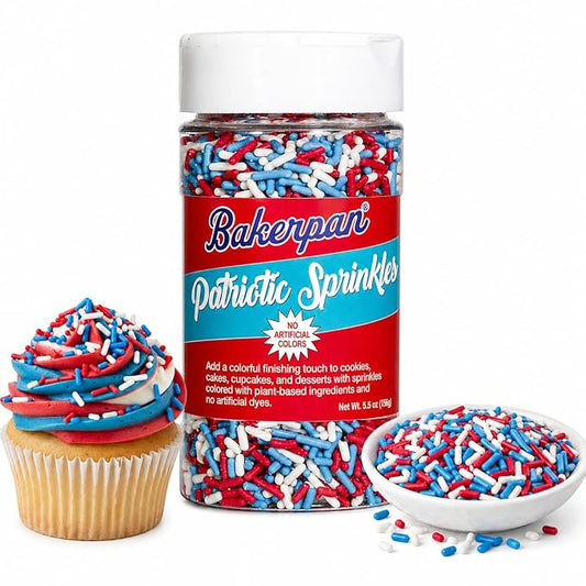 Bakerpan Artificial Dye-Free Patriotic Jimmies Sprinkles 5.5 oz - Naturally Colored Red White & Blue for 4th of July Cake Decorating & Cookies | Kosher, Gluten-Free