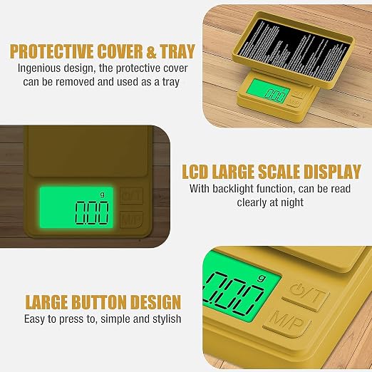 1000g x 0.01g Precision Gram Scale, Diyife Pocket Scale with Protective Cover, 7 Units, Backlit LCD, Tare Function, Digital Jewelry Scale for Gold, Gem, Battery Included, Gold