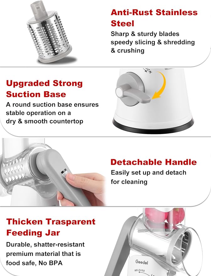 Geedel Rotary Cheese Grater Cheese Shredder - Upgraded 5-in-1 Cheese Grater with Handle and Strong Suction Base, Multi-purpose Vegetable Slicer Ice Shaver Nuts Grinder for Cheese, Vegetables, Ice