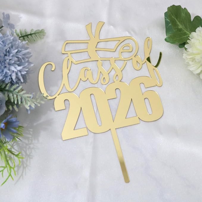 Mirror Acrylic Class of 2026 Cake Topper, Congrats Grad Cake Toppers - Gold Glitter Graduation Party Decorations