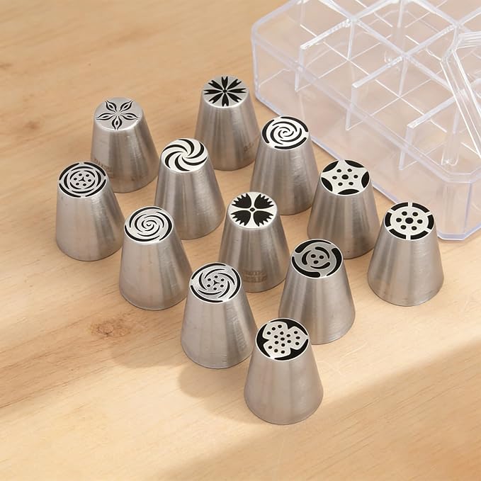 12 Pcs Large Russian Piping Tips Set with Storage Case, 304 Stainless Steel Icing Nozzles, Cake Decorating Tools for Cupcake, Cookie, Dessert Baking