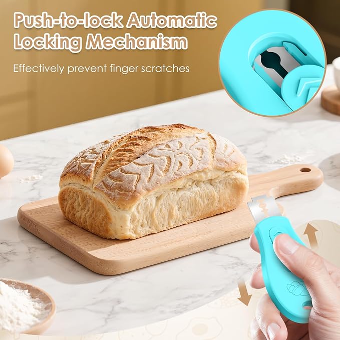 Bread Lame Sourdough Scoring Tool, Extractable & Magnetic Bread Scoring Tool, Scoring Knife for Bread Baking, Bread Razor for Homemade Bread, Sourdough Scorer Tool, Includes 5 Razor Blades-Turquoise