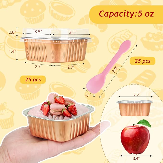 LNYZQUS 5oz Foil Baking Cups with Lids 25 Pack, Square Mini Cake Pans Disposable Muffin Tins, Small Cupcake Containers for Oven, Individual Ramekins for Holiday Baking Gifts-Champagne