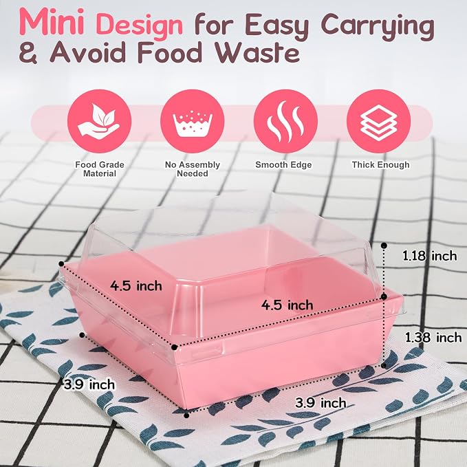 100 Pack Mini Charcuterie Boxes with Clear Lids, 4.5x4.5 Inches Pink Dessert Boxes Square Disposable Bakery Boxes to Go Containers for Daughter, Wedding Party, Valentine, Donuts & Cookies