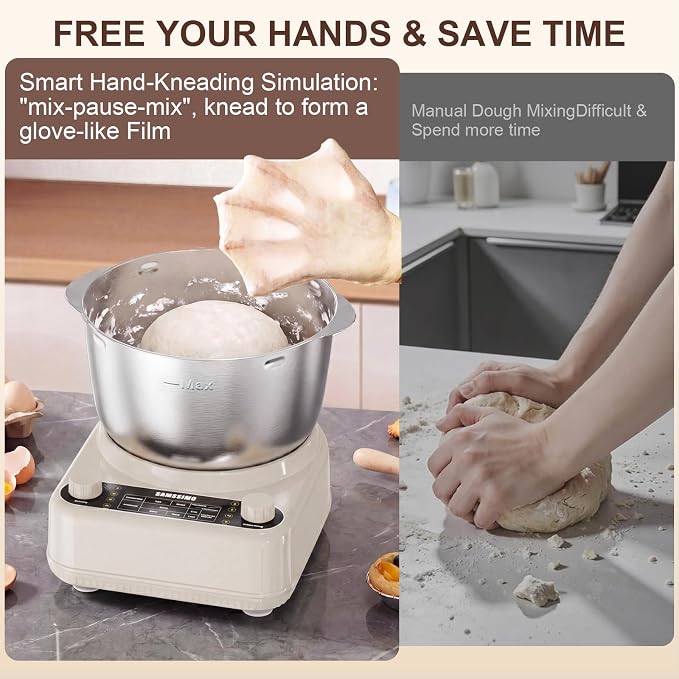 Electric Dough Maker with Ferment Function, 6.5QT Stand Dough Mixer, Dough Kneading Machine with 304 Stainless Steel Bowl, Removable Lid & Knob Control, Ideal for Bread, Pizza, Pasta - Almond Cream