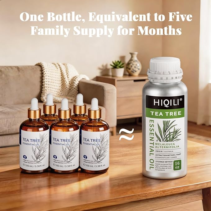 HIQILI Tea Tree Oil for Skin, Hair, Nail, Diffuser, Soap Making | Includes Two Portable Decanters - 500mL / 16 fl.oz