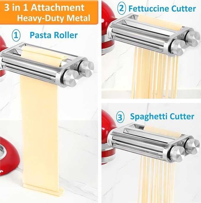 FavorKit Pasta Maker Attachment for KitchenAid Stand Mixers, Sturdy 3 in 1 Set Included Pasta Sheet Roller, Spaghetti and Fettuccine Cutter Accessories, Metal Construction, Unique Design