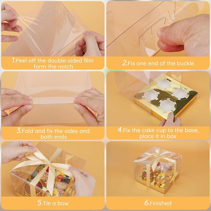 EUSOAR Cupcake Boxes, 6 Pack Rectangle Gold Treat Dessert Wrappers Bakery Pastry Containers 4 Count, Clear Muffins Gift Holder Disposable Mini Cake Carriers Plastic for Wedding Party Favor Supplies