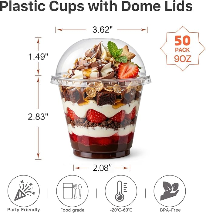 Lullaby 50Pack 9oz Clear Plastic Cups with Dome Lids, Dessert Cups with Lids, Disposable Parfait Cups, Party Cups Cupcake for Parties and Daily Use