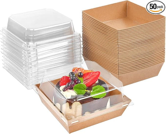 Kucoele Small Charcuterie Boxes with Clear Lids, 4 Inches, 50 Pack, Brown | Disposable, Paper, To Go Food Containers, For Cookie, Cake Slice, Mini Cake, Bakery, Dessert, Chocolate Strawberry