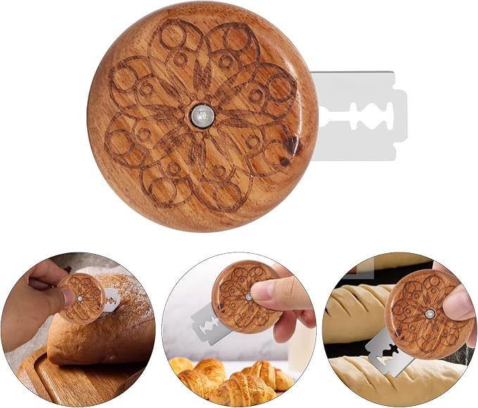 yueton 1 Pack Wooden Bread Lame Cutter Dough Scoring Tool Bread Making Baking Accessories with 5 Blades, PU Leather Bag