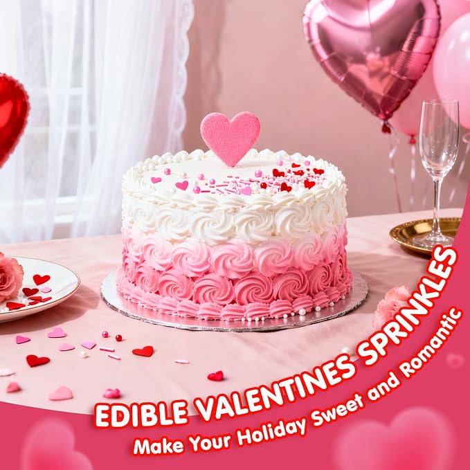 Edible Heart Sprinkles for Cake Decorating,6 Cell-6.7oz,Red Pink and White Sugar Pearls Jimmies Mix,Valentines Nonpareils Cake Decorations for Baking,Desserts,Cupcakes,Baking,Ice Cream,Cookies,Cupcake Topper,Birthday Wedding Birthday Party Decorations