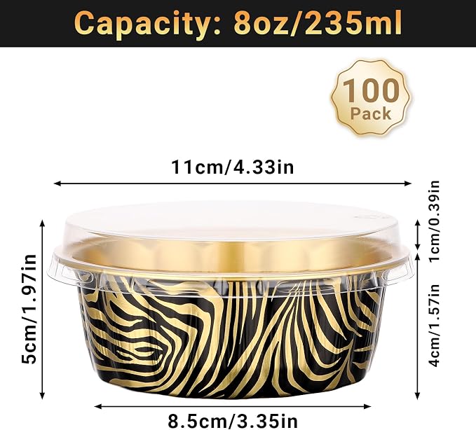 Beasea Aluminum Cups for Baking, 8oz 100 Pack Disposable Ramekins with Lids, Aluminum Foil Baking Cups Creme Brulee Muffin Cupcake Mini Pudding Ramekin Tin for Party Birthday - Tiger Stripes