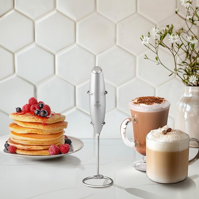 Zulay Kitchen Powerful Milk Frother Wand With Duracell Batteries - Ultra Fast Handheld Drink Mixer - Electric Whisk Foam Maker for Coffee, Lattes, Cappuccino & Matcha - Z1 Motor - Premium Silver