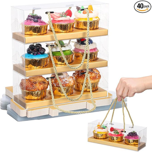 EUSOAR Clear Cupcake Boxes, 40 Pcs 9"x3"x3" Gold Dessert Pastry Holder 3 Compartments with Handle, Rectangular Portable Muffins Cupcake Containers Cookies Wrappers for Birthday Wedding Party Bakery