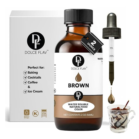 Dolce Flav Natural Brown Food Coloring – 2 oz Liquid Color from Class IV Caramel with Graduated Dropper | Water-Soluble | For Baking, Beverages & Sauces | Kosher | Made in USA