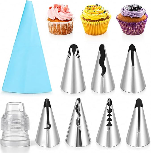 Piping Tip Set, Cake Decorating Tips, Ruffle Piping Tips, Seamless Stainless Steel, Pleated Skirt Piping-Nozzles Set for Cake Cupcakes Cookies, 9 Pieces