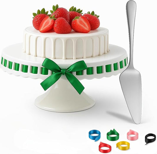 Ceramic Cake Stand, 12inch cake decoration supplies, Cake Pedestal Stand with 6 Ribbons, Cake Stands for Party or Birthday, White Cake Platter - Cake Display Stand for Wedding Reception, Pie Stand
