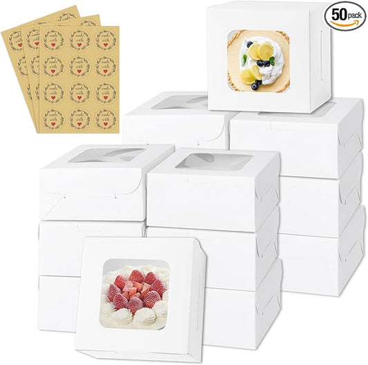 50pcs White Cake Boxes with Window,5x5x2.5 Inches Small Bakery,Treat,Pastry,Cookie,Dessert Boxes,Macaroon,Donut,Candy,Christmas Gift Giving