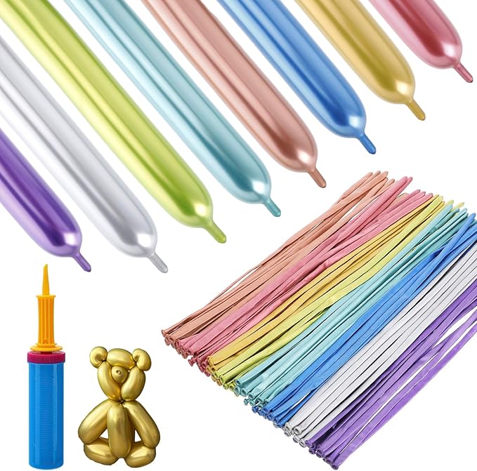 100 Pcs 260 Balloons Kit with Pump - Kids Premium Latex Twisting Long Balloons to Make Animals Flowers, Metallic Assorted Balloons for Party Boys Girls Birthday Gifts Clowns Wedding Decor