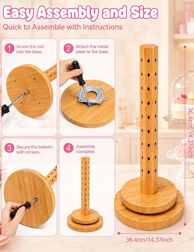 Wood Cake Pop Stand 36 Holes with Spinning Base,Cake Pop Holder Stand for Dessert Table,Lollipop Holder Candy Table Display with Treat Bags,Lollipop Sticks & Gold Twist Ties, Dessert Stand for Wedding Birthday Baby Shower Parties Anniversaries (kit)