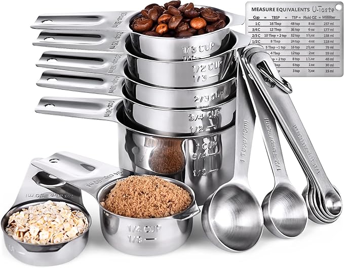 U-Taste Measuring Cups and Spoons Set of 15 : 7 Measuring Cups and 7 Measuring Spoons with 2 D-Rings and 1 Professional Magnetic Measurement Conversion Chart