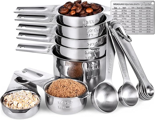 U-Taste Measuring Cups and Spoons Set of 15 : 7 Measuring Cups and 7 Measuring Spoons with 2 D-Rings and 1 Professional Magnetic Measurement Conversion Chart