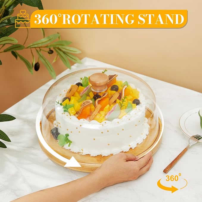Rotating Cake Stand with Lid, 12'' Wood Food Plate with Cover, Serving Tray, Fruit Platter, Salad Bowl, Dessert Table Display & Acrylic Cake Dome Cover for Party