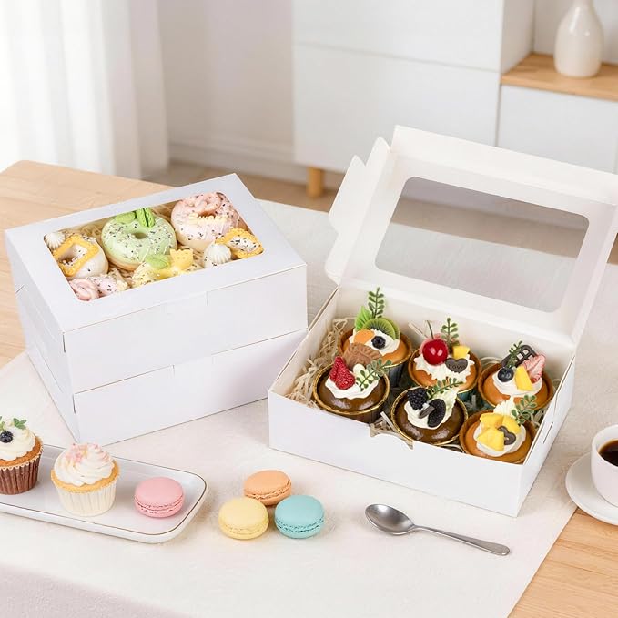 Treeroot 60PCS Cookie Boxes, 9x6x3 Inch White Bakery Boxes with Window, Treat Box for Desserts for Chocolate Covered Strawberries, Candies, Pancakes, and Donuts