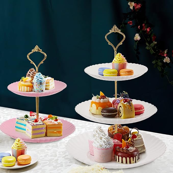 Tosnail 3 Pack 3 Tiers Plastic Cupcake Stand, Round Dessert Stand, Tiered Serving Trays with Gold Rod, Party Serving Trays, Fruit Pastry Holders for Wedding and Party - Assorted 3 Colors