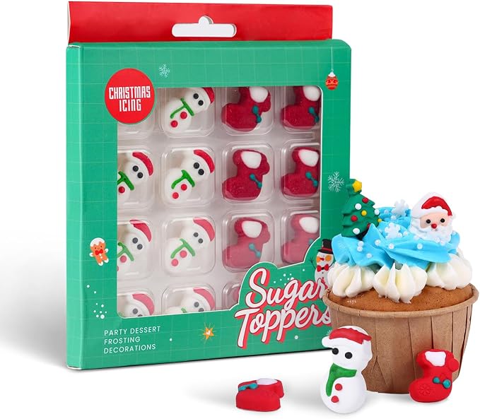 Edible Christmas Cookie Decorations 16 Pcs, Edible Snowman Men, Christmas Socks Icing Decorations, Gingerbread House Decorations, Perfect for Cupcakes, Cake, Cookies, and Ice Cream Topping