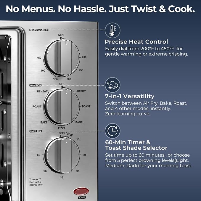 Air Fryer Toaster Oven with Grill, 23 QT Quiet Convection Oven Countertop, 7 Presets, Air Fry, Toast, Bagel, Bake, Roast, Fits 12" Pizza, Stainless Steel
