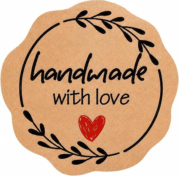 100 x Handmade with Love Stickers, Kraft Paper Bakery Stickers for Small Business Packaging, Rustic Handmade Gift Seals for Baked with Love Treat Bags, Wedding Favor Bags & Thank You Envelopes, 1.77''